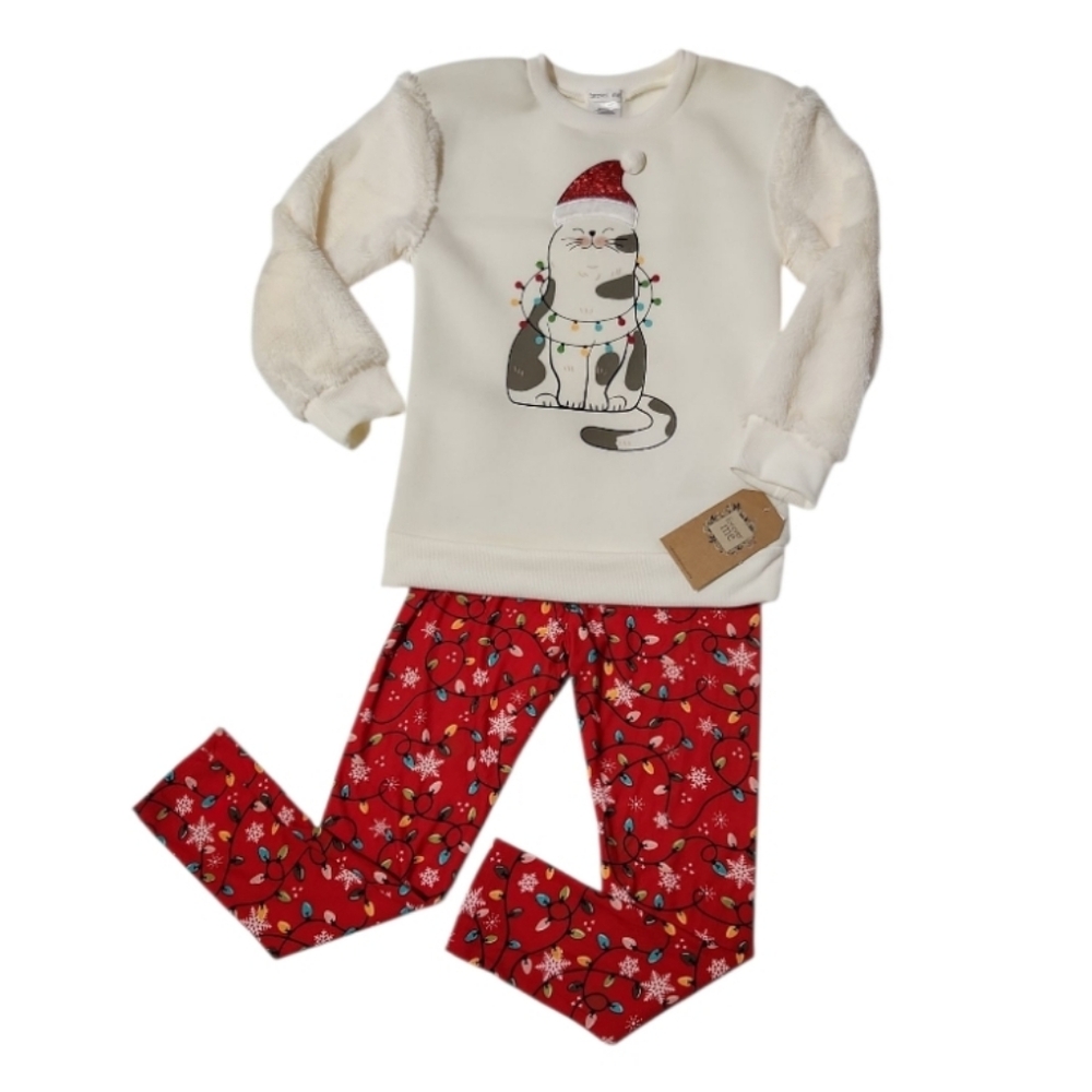 Forever Me M(7/8) Plush Christmas Cat Sweatshirt & Leggings Holiday Set